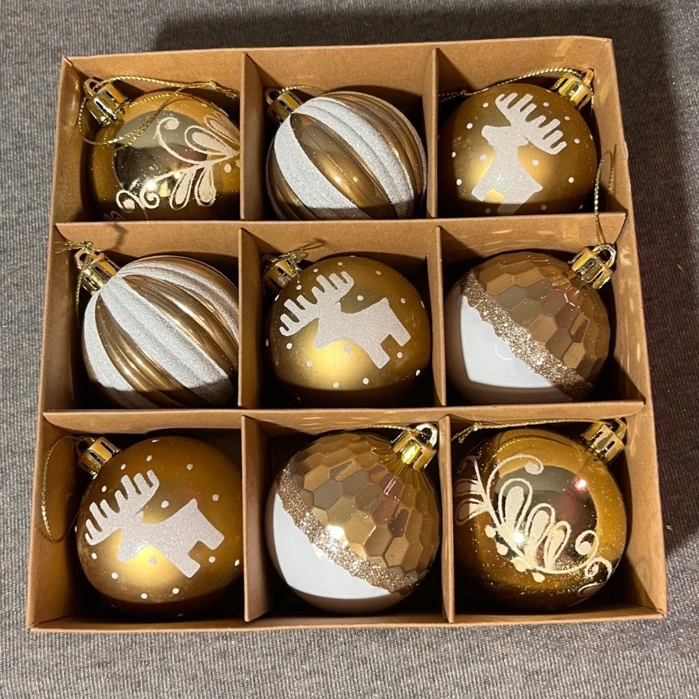 Decor by Hannah 9pc Shatterproof‎ Christmas Ornaments Gold Reindeer Snowflake 9